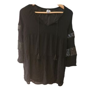 Black Boho Tunic Shirt with Lace Details Rayon‎ Small